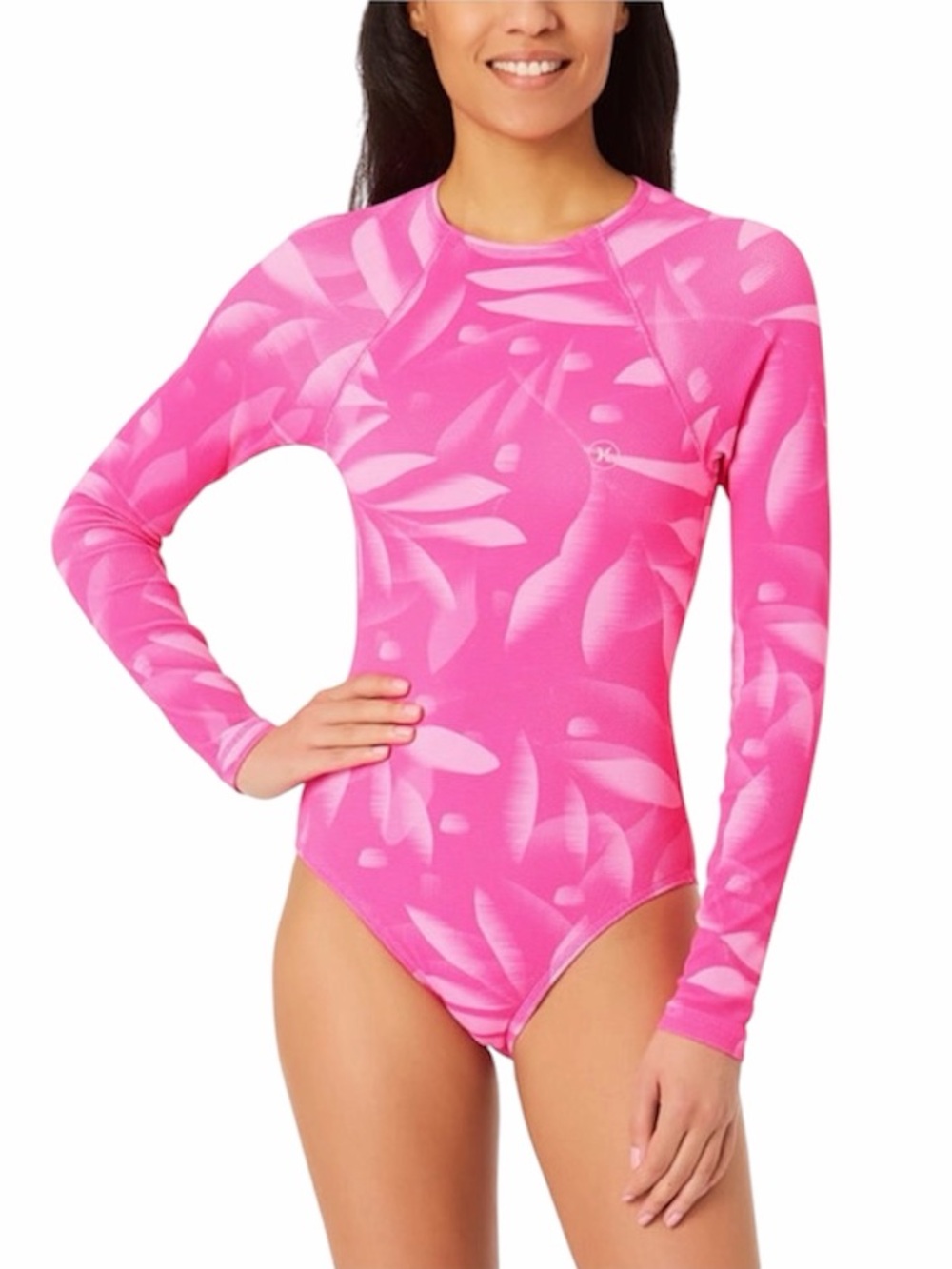 NEW Hurley Long Sleeve Pink Floral One Piece UPF 50+ Swimsuit Rash Guard Size XL